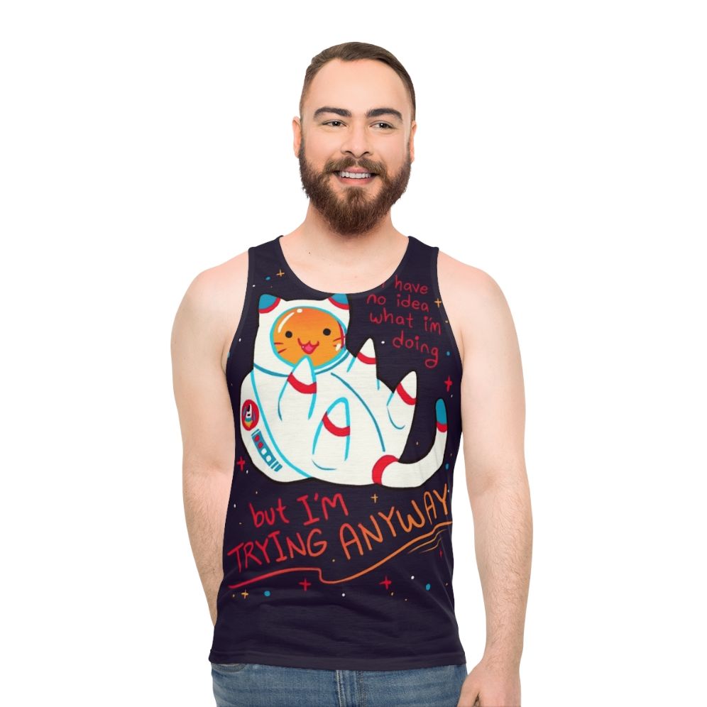 Catstronaut unisex tank top with the text "I'm Trying Anyway"