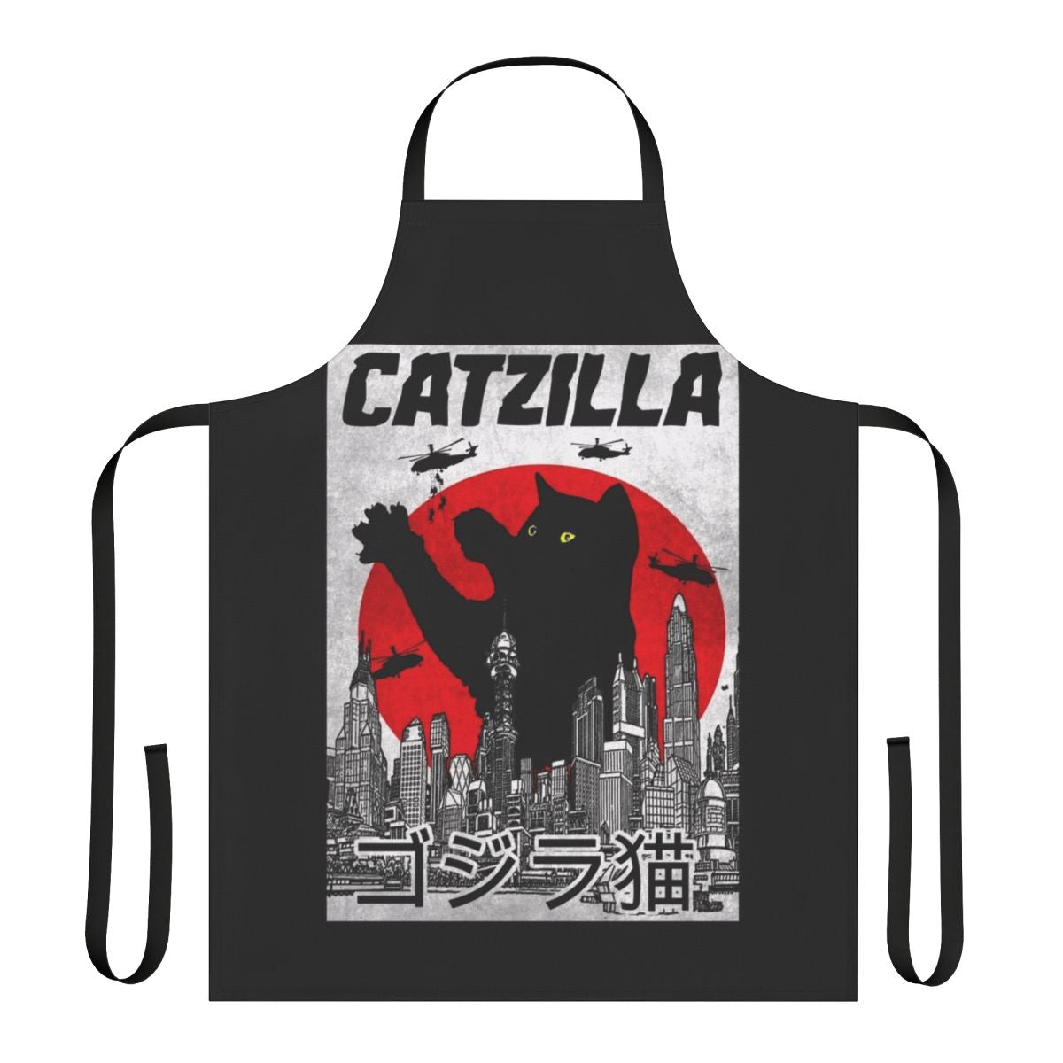 Catzilla-inspired cat apron with a retro, kawaii Japanese monster design