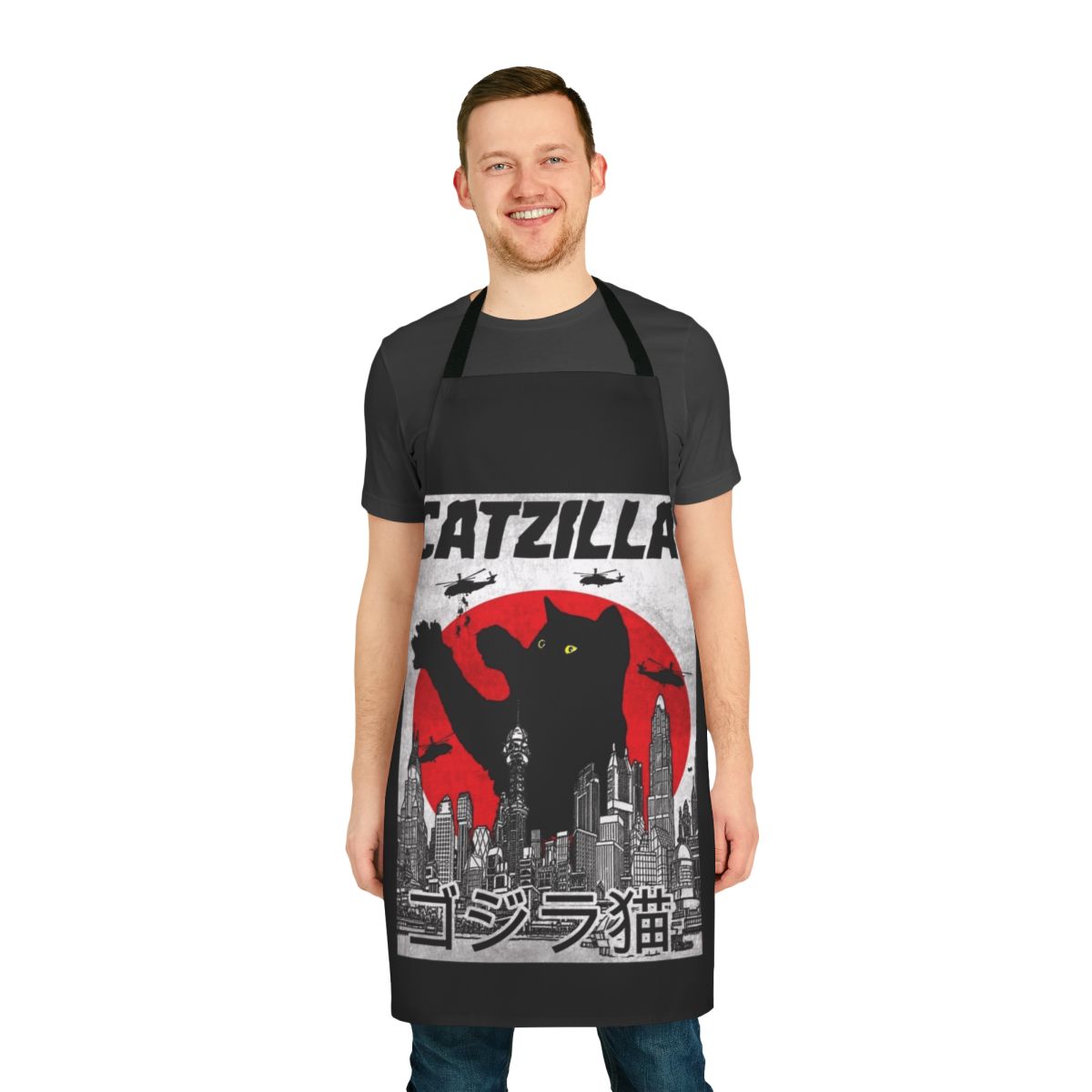 Catzilla-inspired cat apron with a retro, kawaii Japanese monster design
