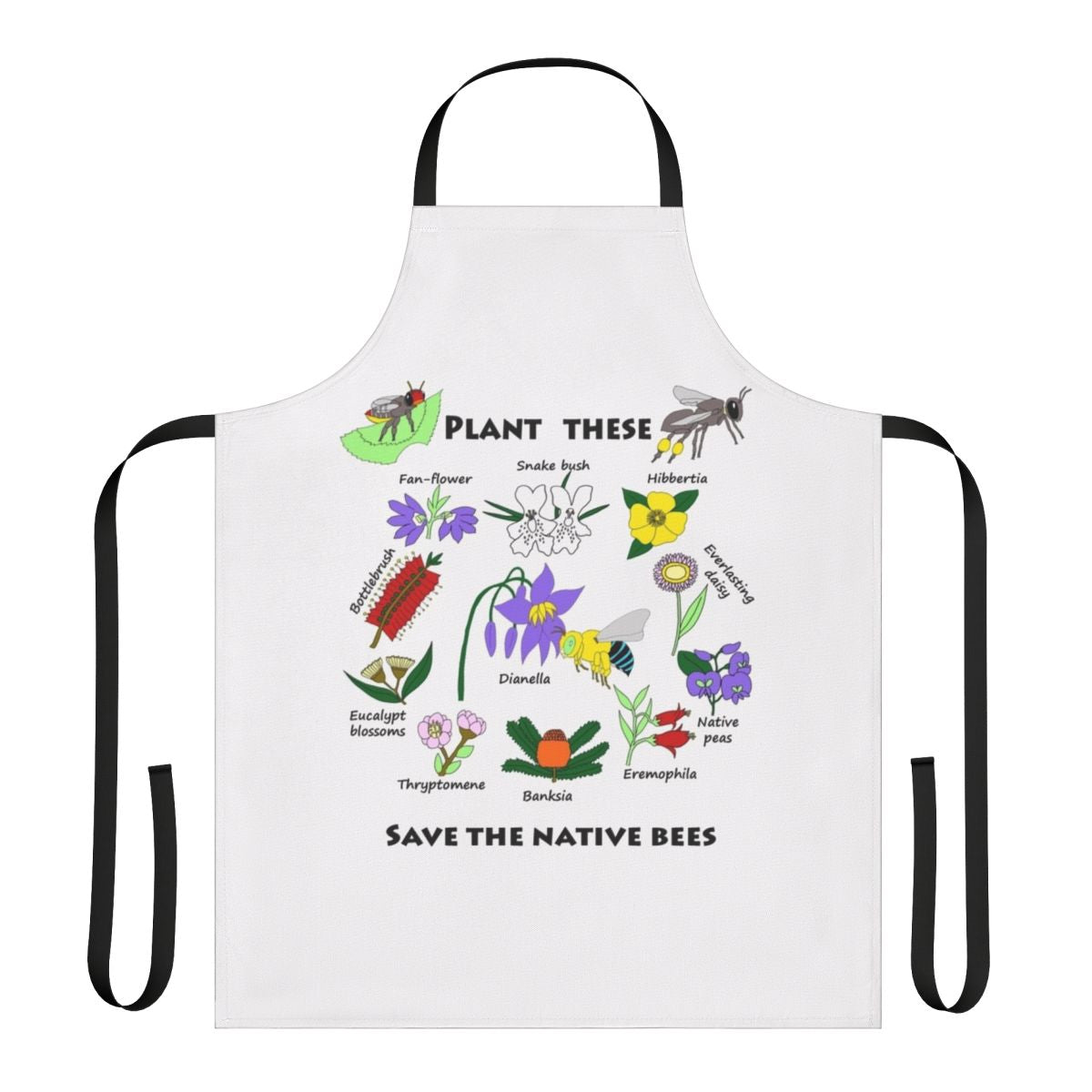 Apron featuring illustrations of native Australian bees and wildflowers, promoting bee conservation.