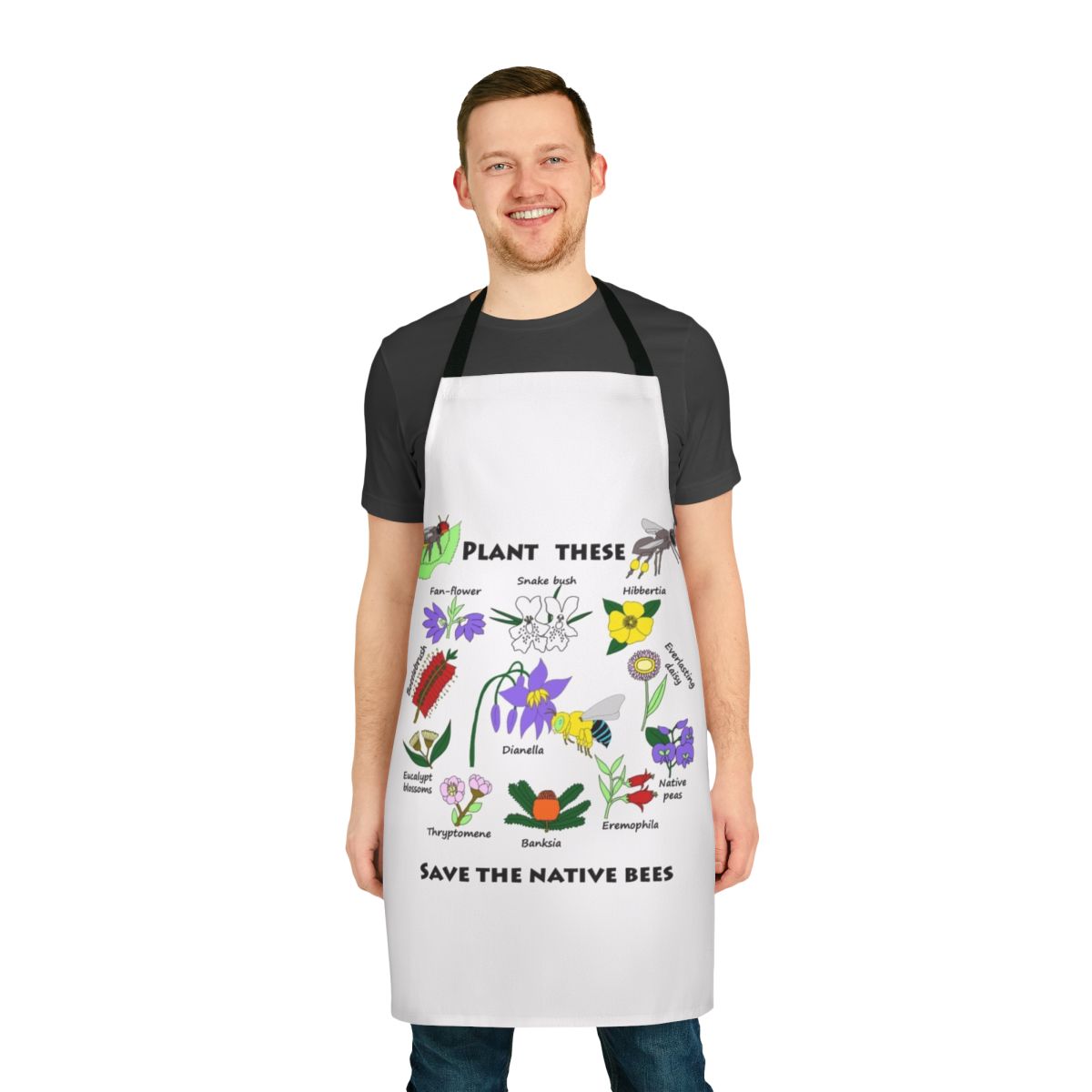 Apron featuring illustrations of native Australian bees and wildflowers, promoting bee conservation.