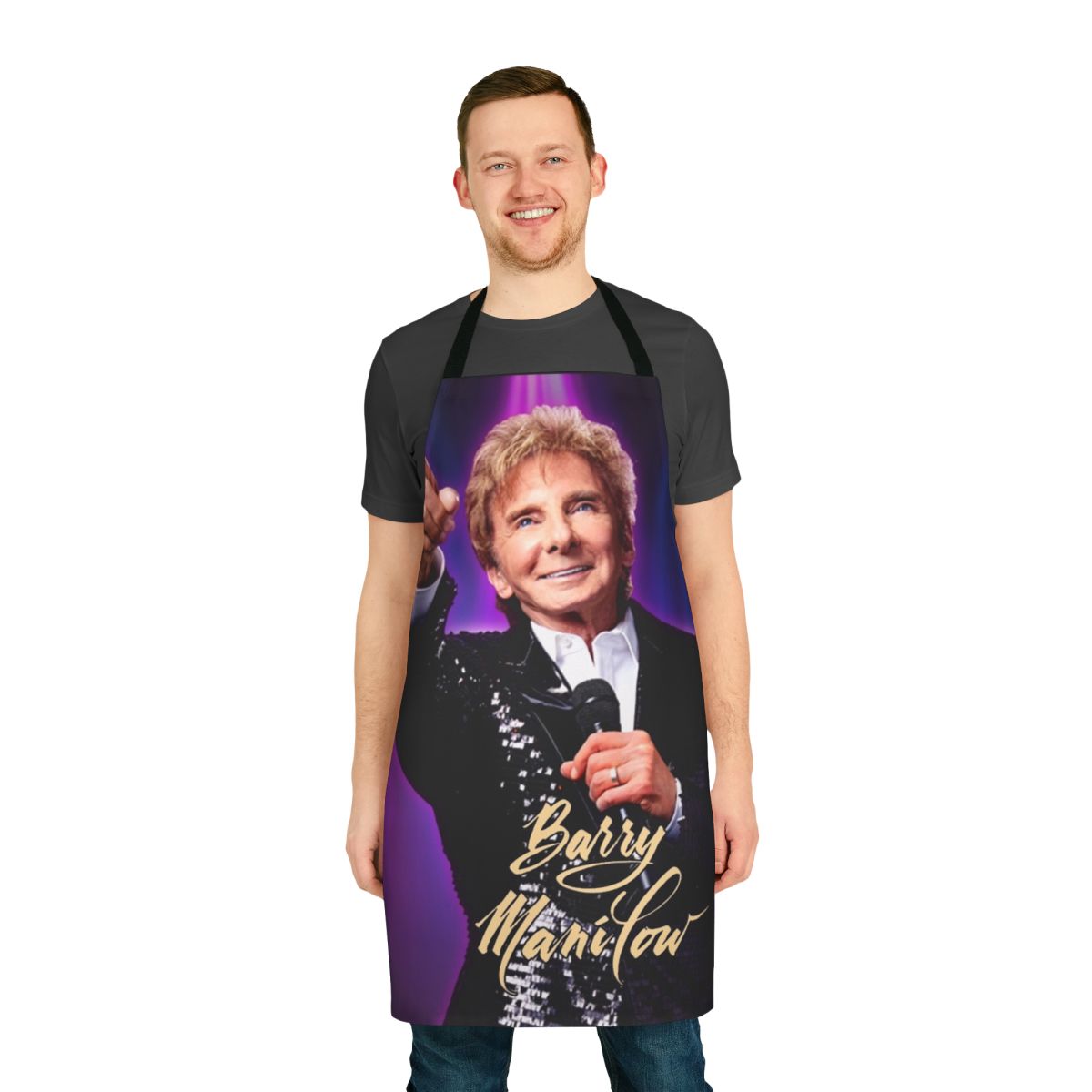 A high-quality apron featuring the hits of legendary singer-songwriter Barry Manilow.