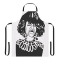 A custom apron featuring an abstract black and white portrait of the iconic Cuban singer Celia Cruz.