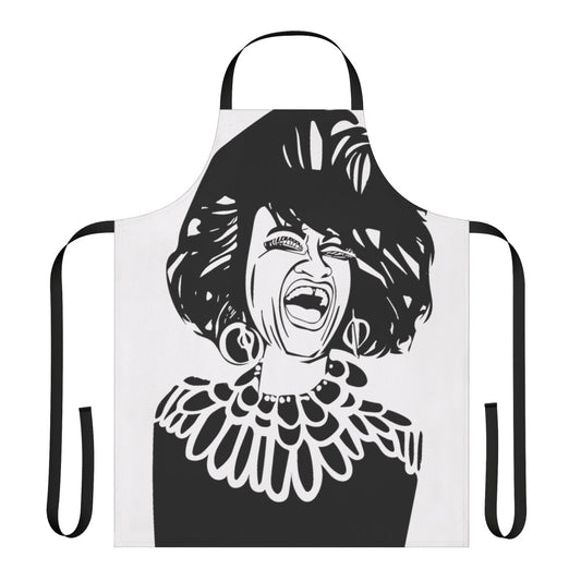 A custom apron featuring an abstract black and white portrait of the iconic Cuban singer Celia Cruz.