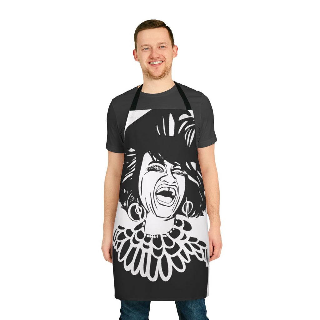 A custom apron featuring an abstract black and white portrait of the iconic Cuban singer Celia Cruz.