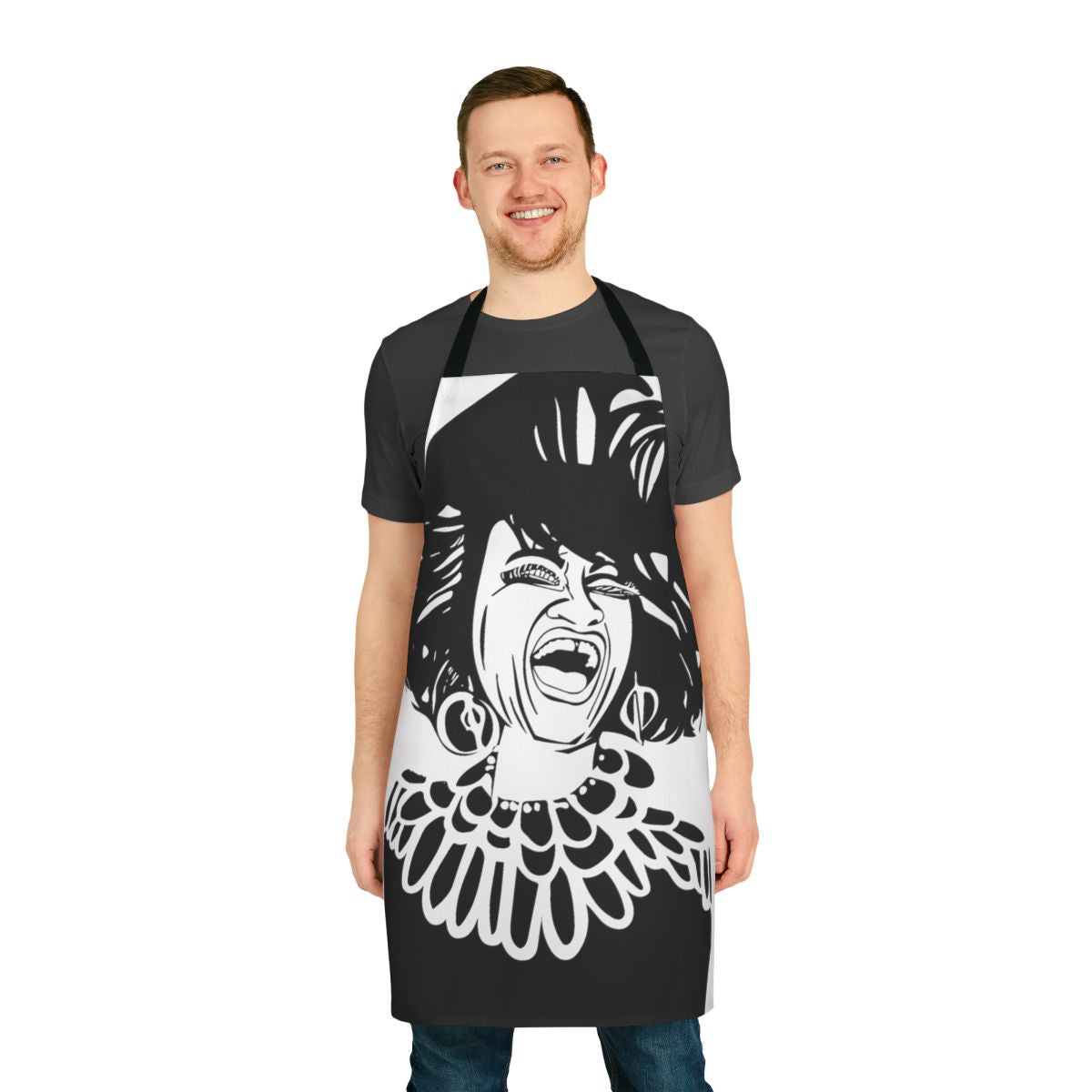 A custom apron featuring an abstract black and white portrait of the iconic Cuban singer Celia Cruz.