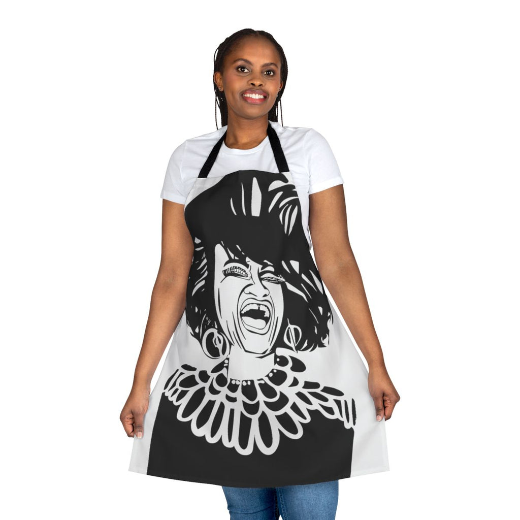 A custom apron featuring an abstract black and white portrait of the iconic Cuban singer Celia Cruz.