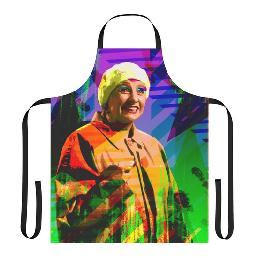 A high-quality apron featuring a design inspired by the legendary British comedian Victoria Wood.