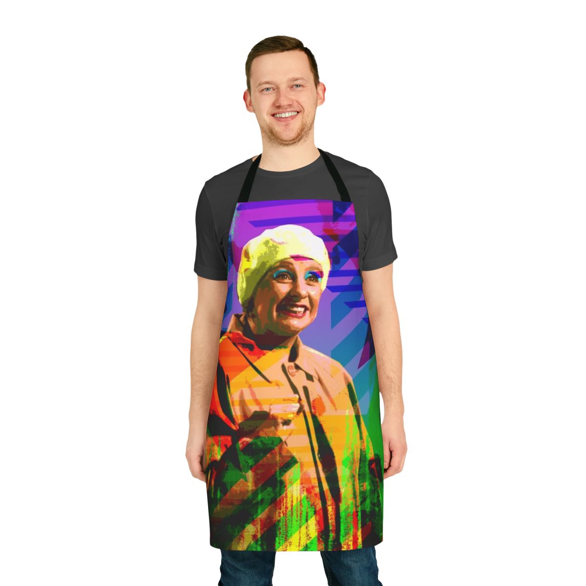 A high-quality apron featuring a design inspired by the legendary British comedian Victoria Wood.