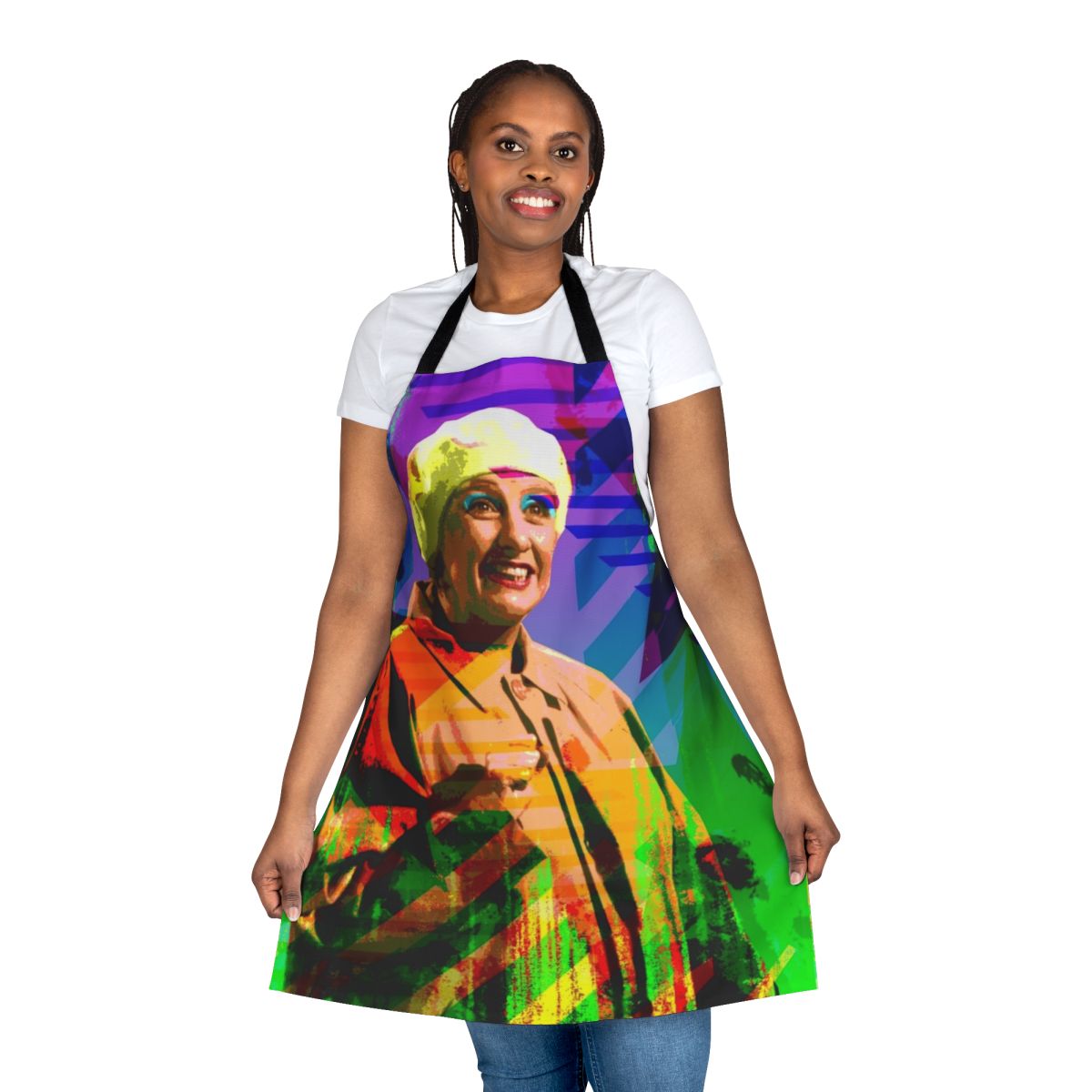 A high-quality apron featuring a design inspired by the legendary British comedian Victoria Wood.