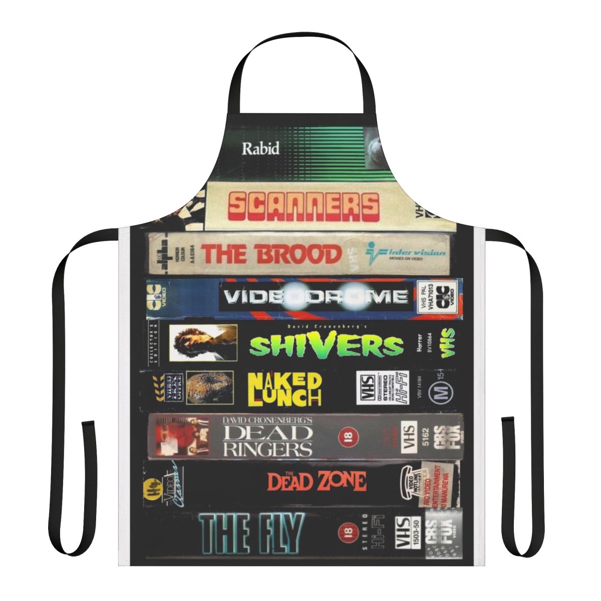 A vintage-style apron featuring the iconic VHS covers of Cronenberg's most beloved horror and sci-fi films.