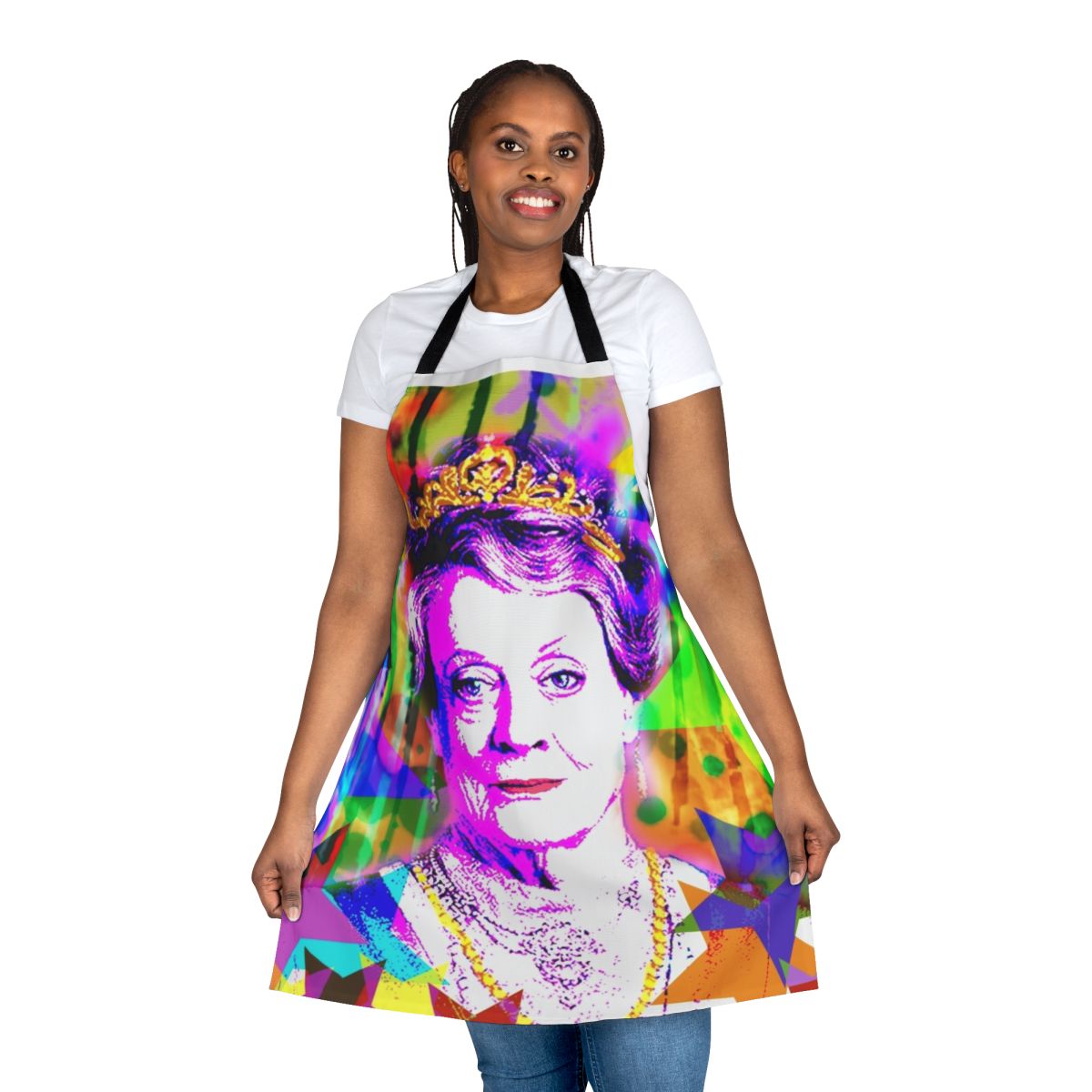 Dame Maggie Smith LGBTQ+ inspired apron with a rainbow design
