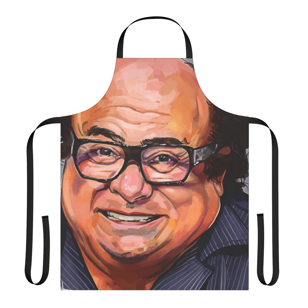 A stylish apron featuring a portrait of actor Danny Devito from the TV series "It's Always Sunny in Philadelphia"