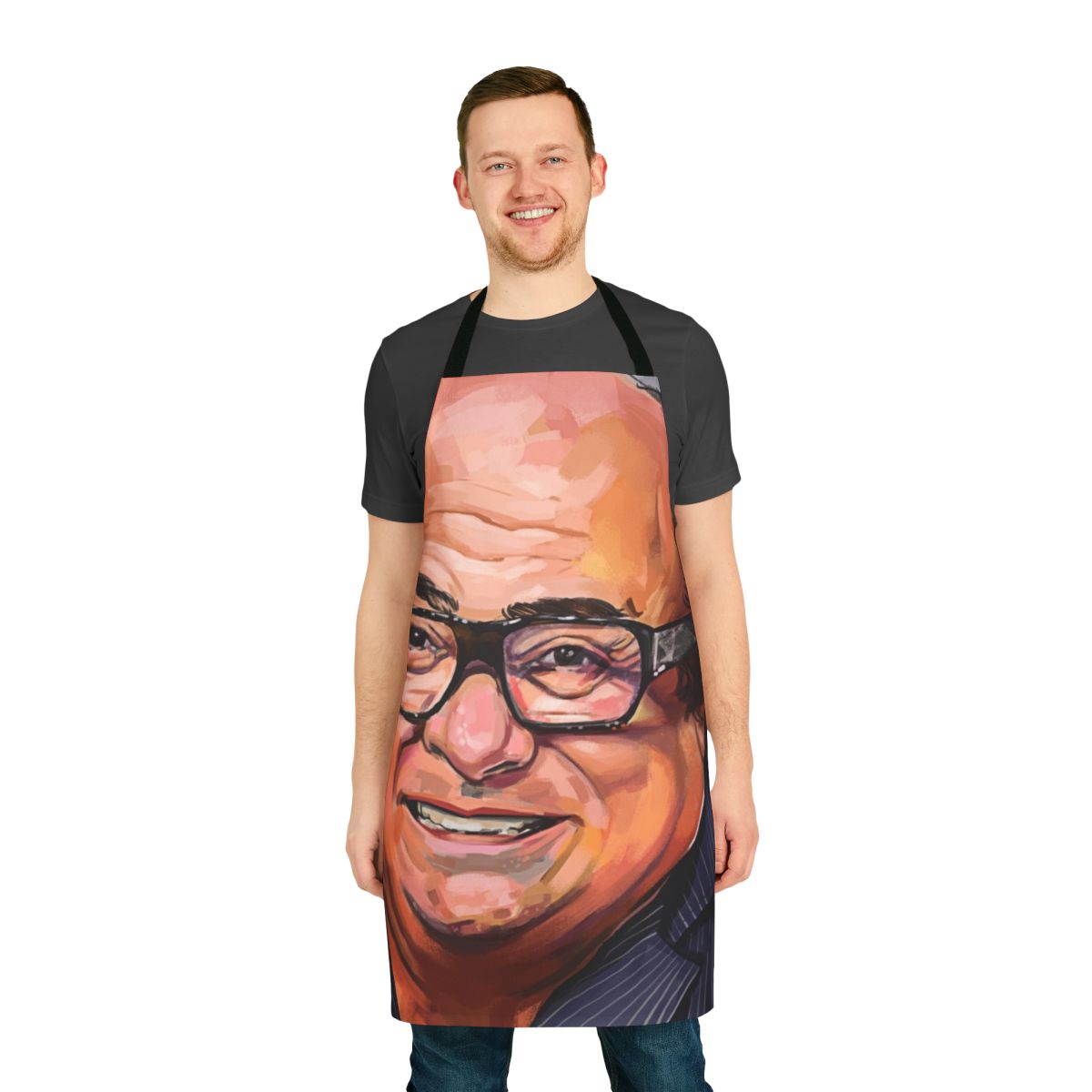 A stylish apron featuring a portrait of actor Danny Devito from the TV series "It's Always Sunny in Philadelphia"