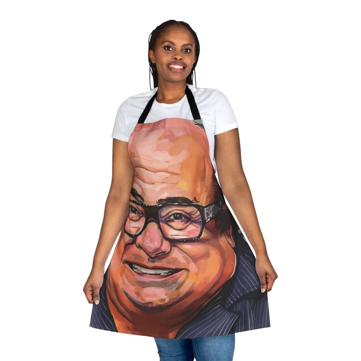 A stylish apron featuring a portrait of actor Danny Devito from the TV series "It's Always Sunny in Philadelphia"