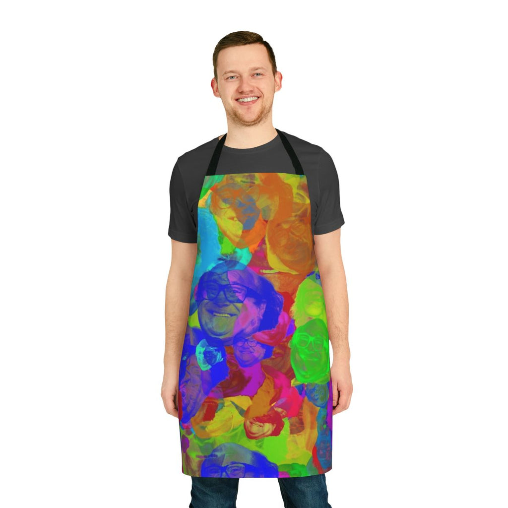 Stylized apron featuring images and text related to actor Danny DeVito and his memorable film roles