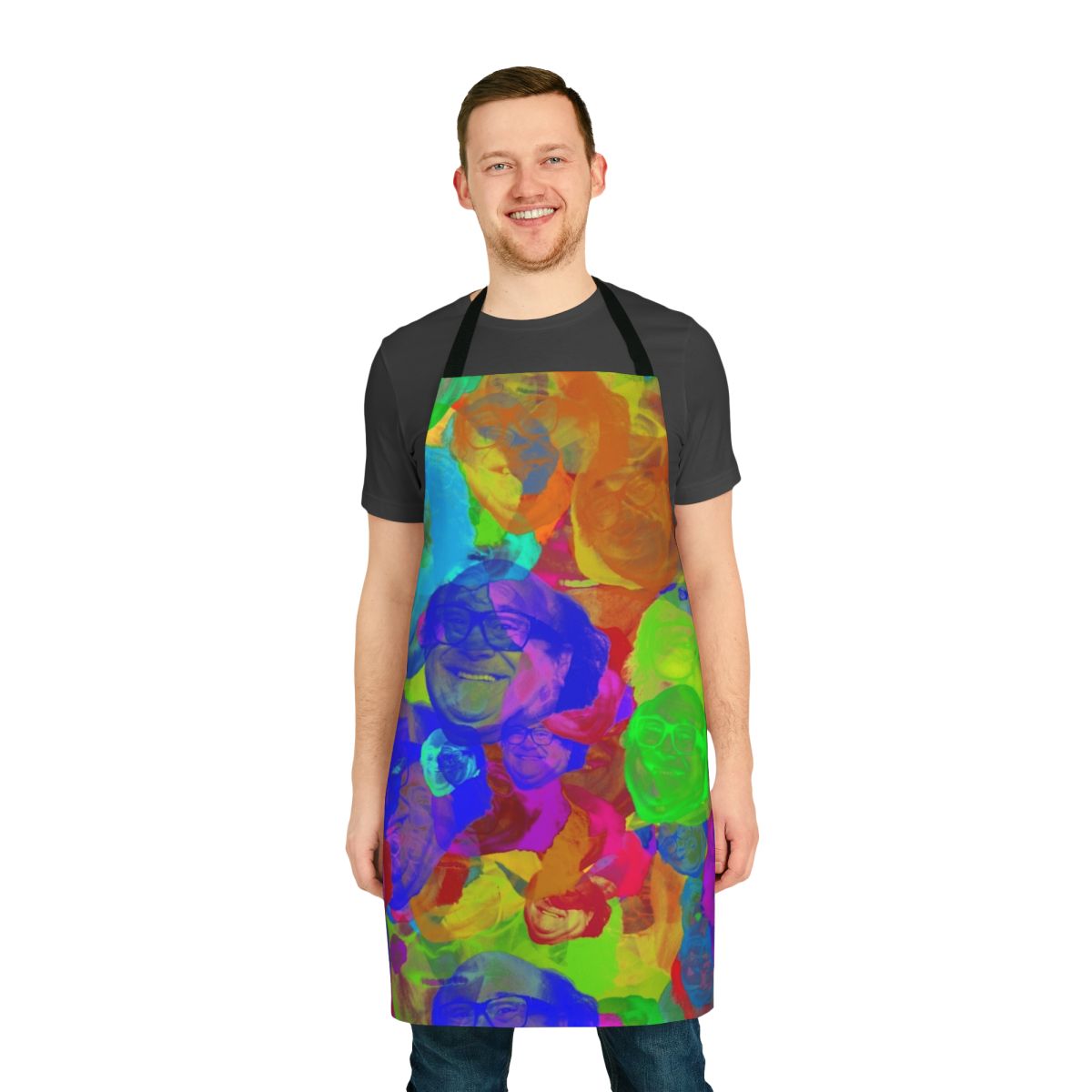 Stylized apron featuring images and text related to actor Danny DeVito and his memorable film roles