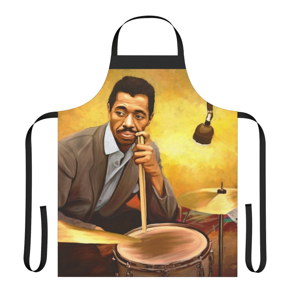 An apron featuring the image of legendary jazz drummer Philly Joe Jones, honoring his contributions to jazz music and black history.