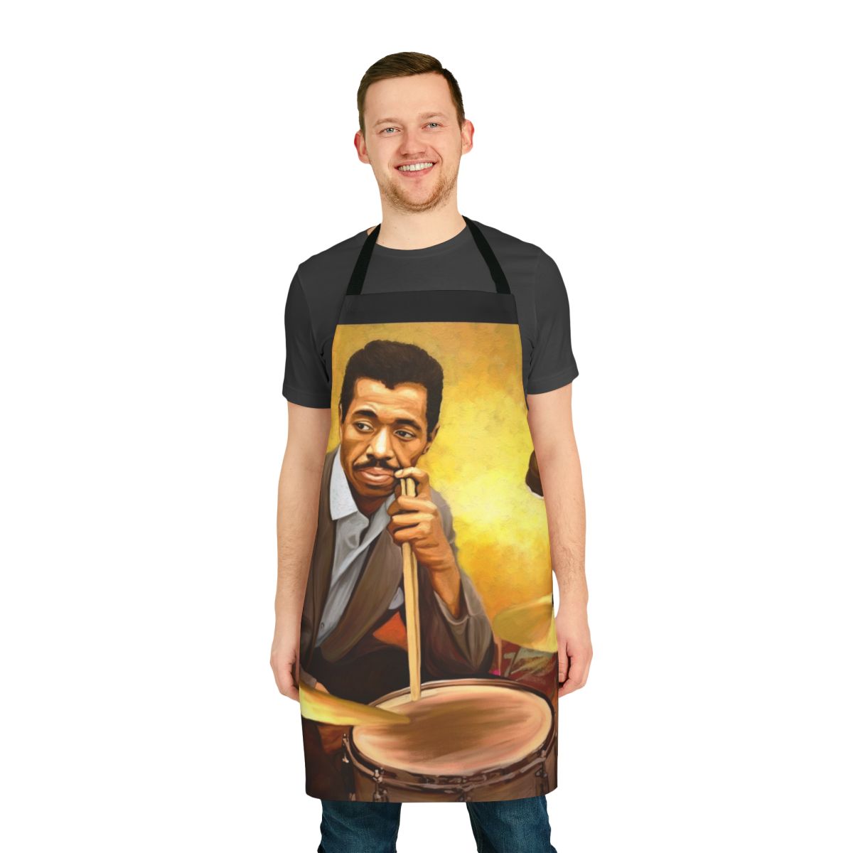 An apron featuring the image of legendary jazz drummer Philly Joe Jones, honoring his contributions to jazz music and black history.