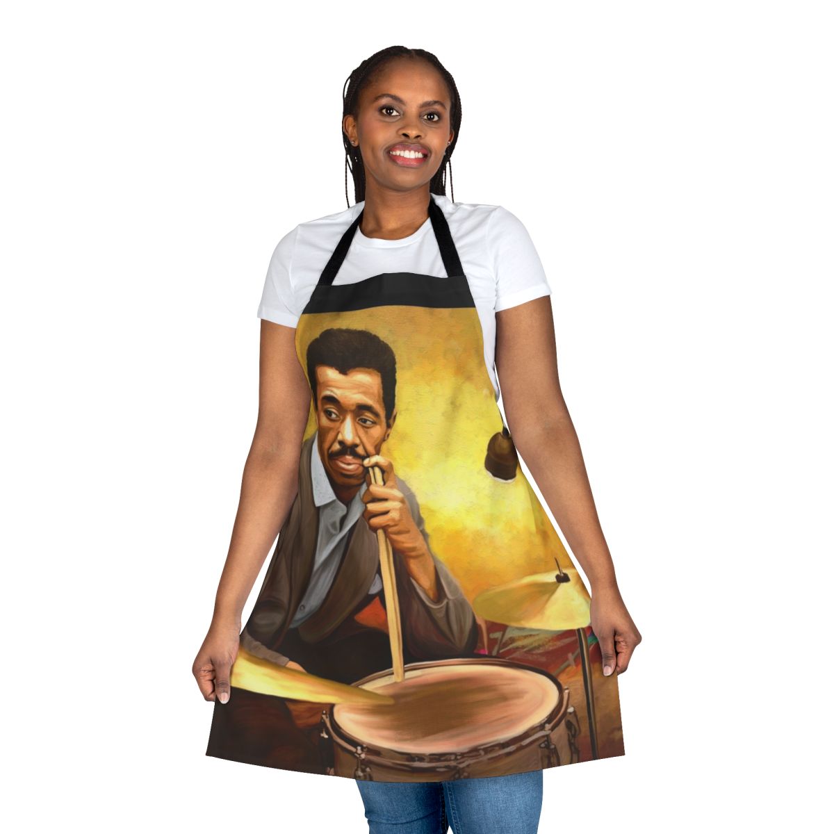 An apron featuring the image of legendary jazz drummer Philly Joe Jones, honoring his contributions to jazz music and black history.