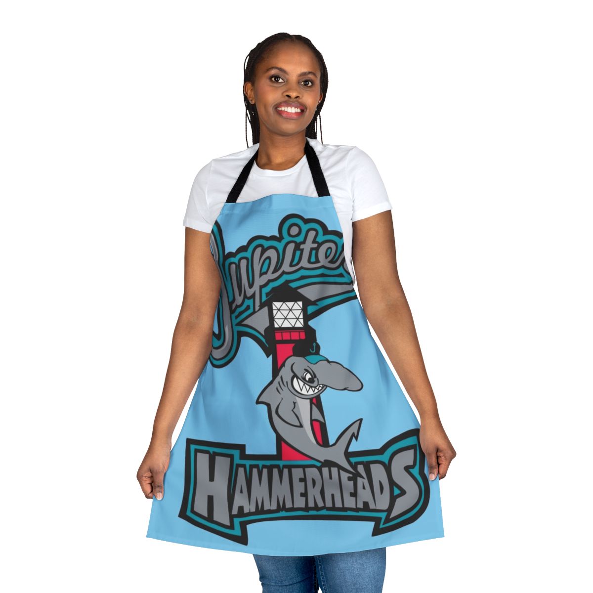 Jupiter Hammerheads baseball fan wearing shark-themed apron