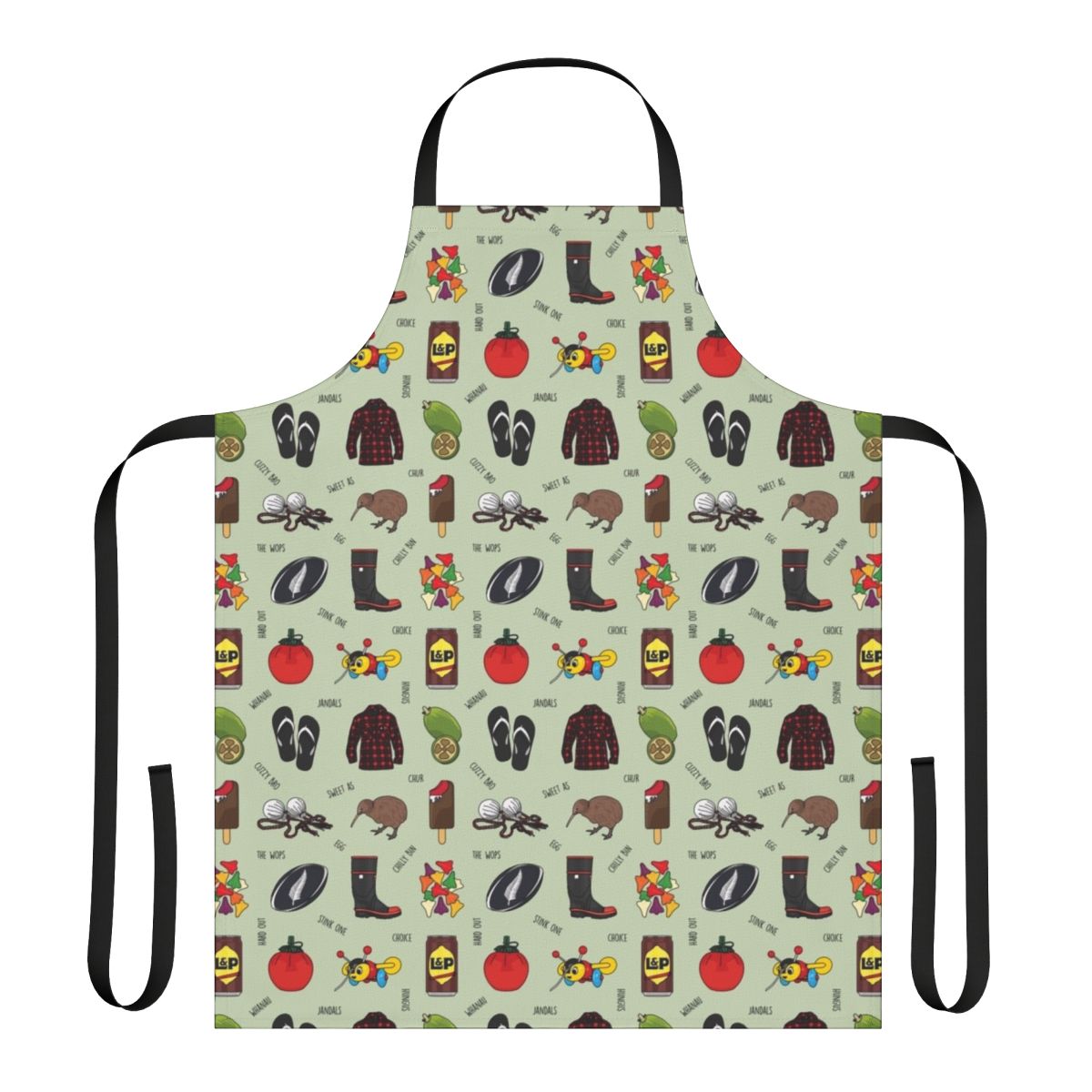 Black text apron featuring iconic New Zealand symbols and designs