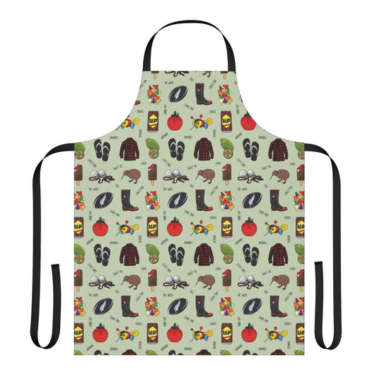 Black text apron featuring iconic New Zealand symbols and designs