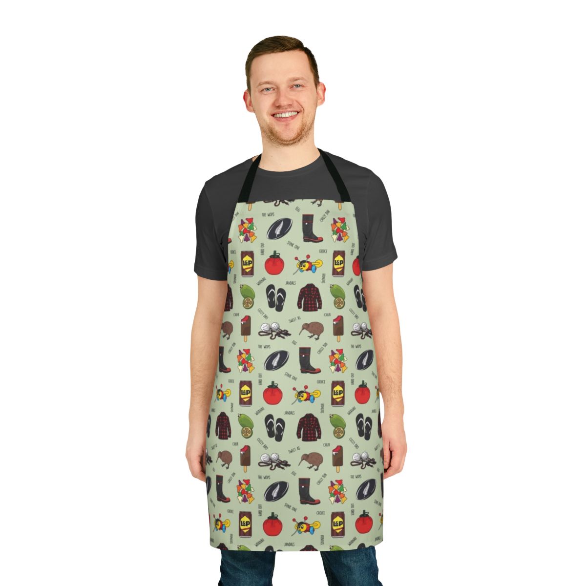 Black text apron featuring iconic New Zealand symbols and designs