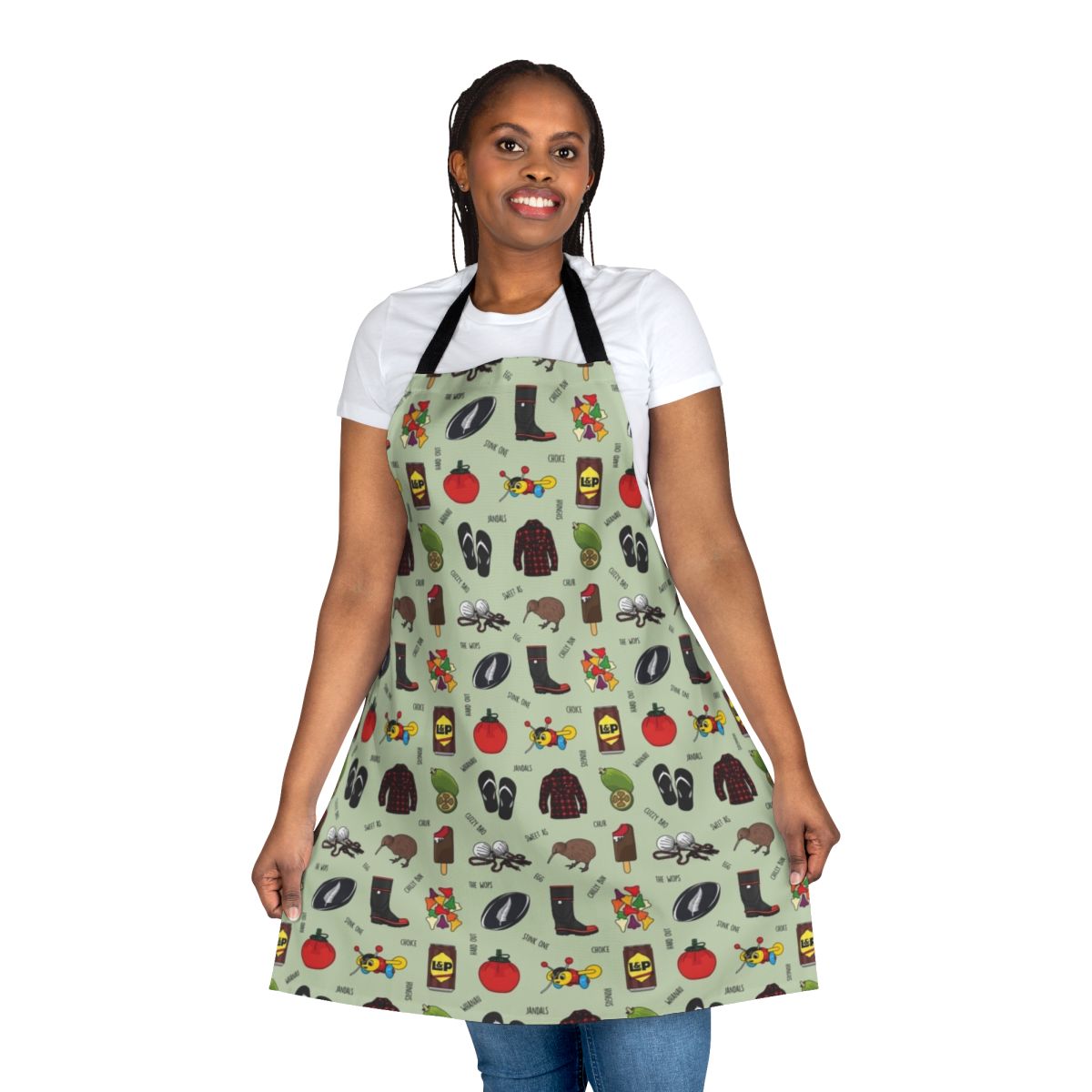 Black text apron featuring iconic New Zealand symbols and designs