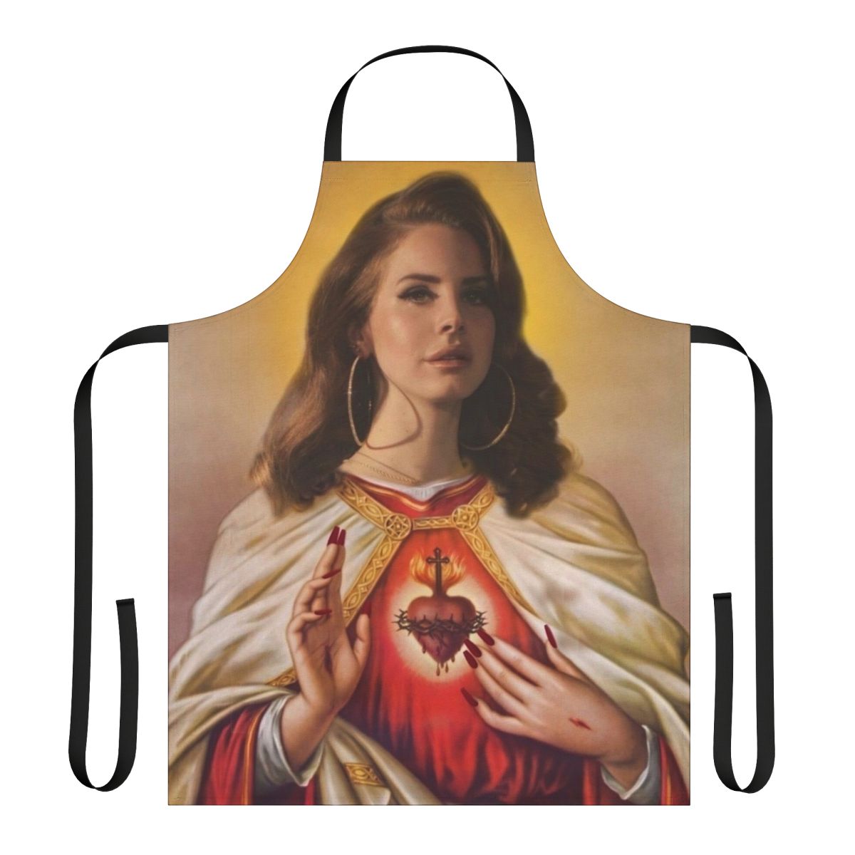 A stylish apron featuring a striking Lana Del Ray inspired design