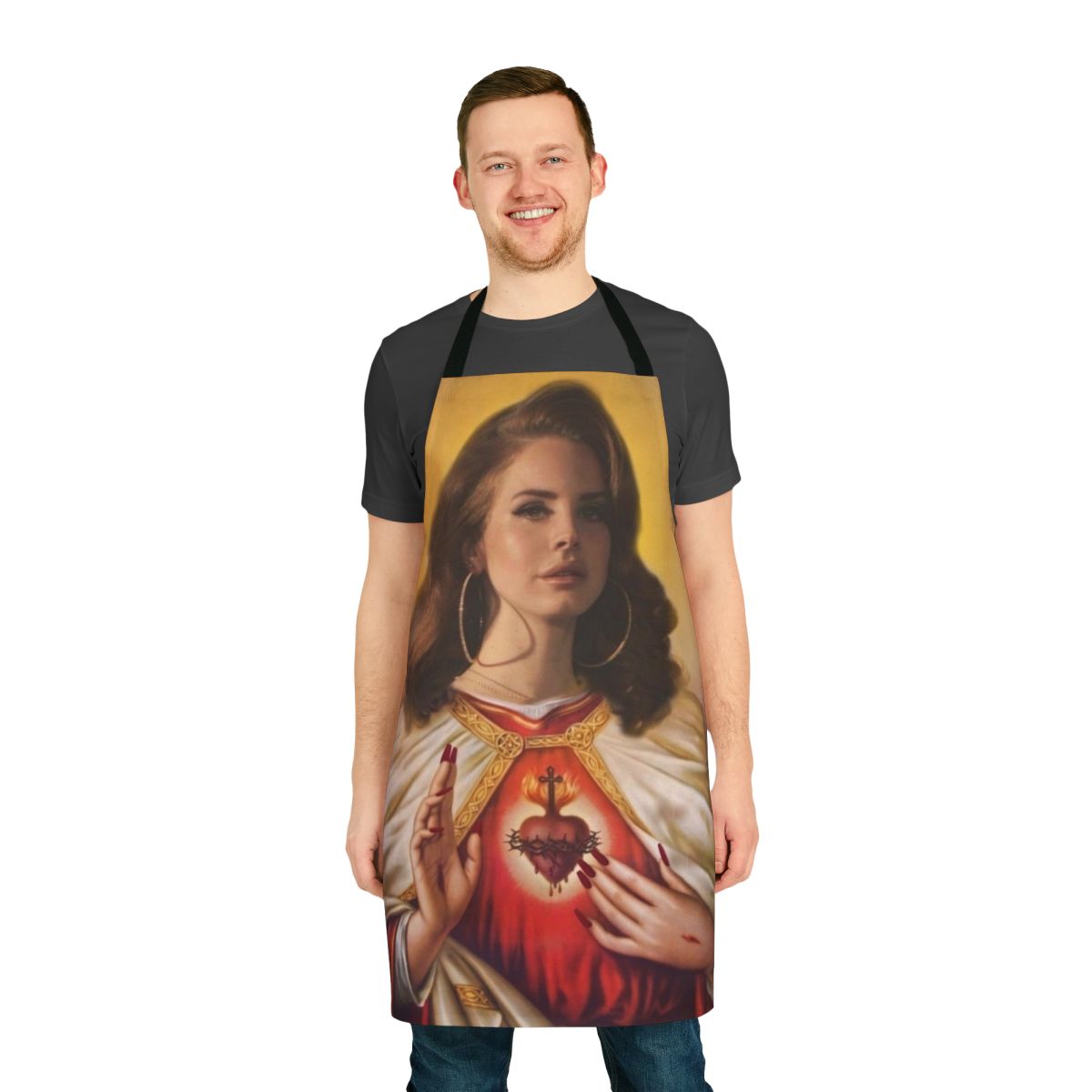 A stylish apron featuring a striking Lana Del Ray inspired design
