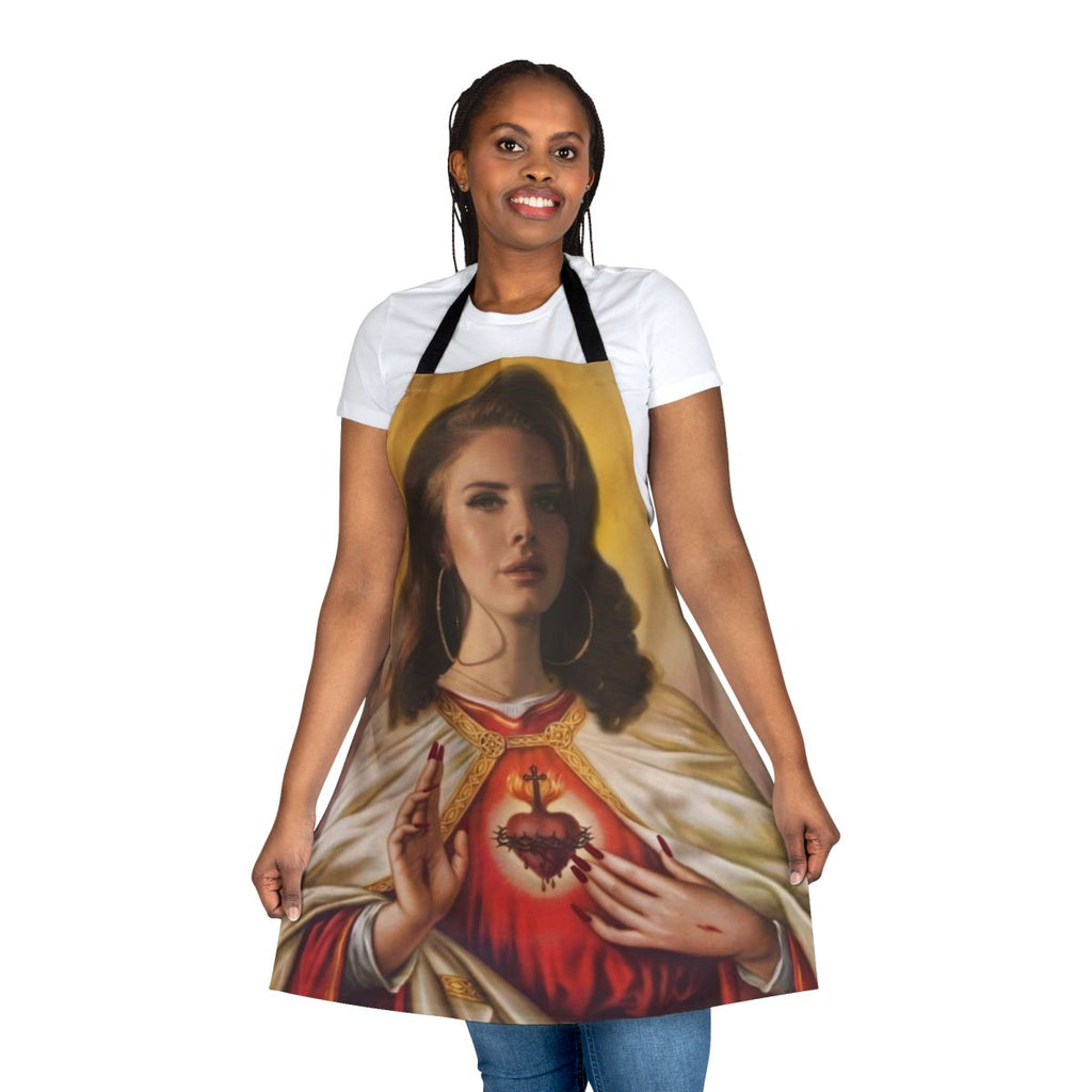 A stylish apron featuring a striking Lana Del Ray inspired design