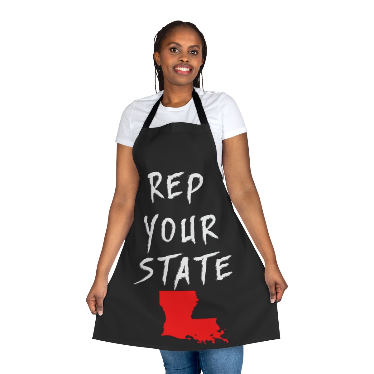 Louisiana state-themed apron in blue and white design