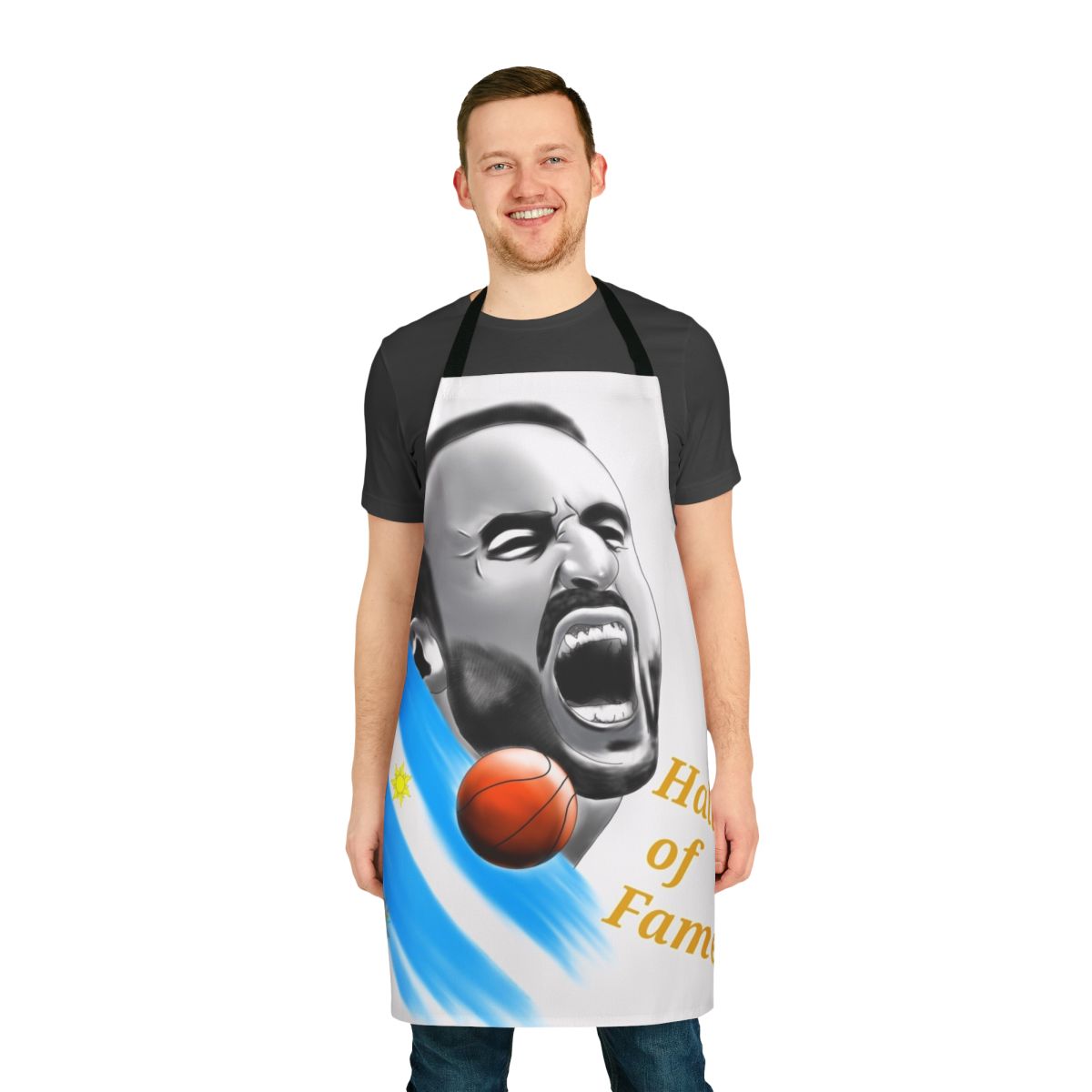 Tribute to Manu Ginobili Apron, featuring the Argentinian basketball legend's image and colors