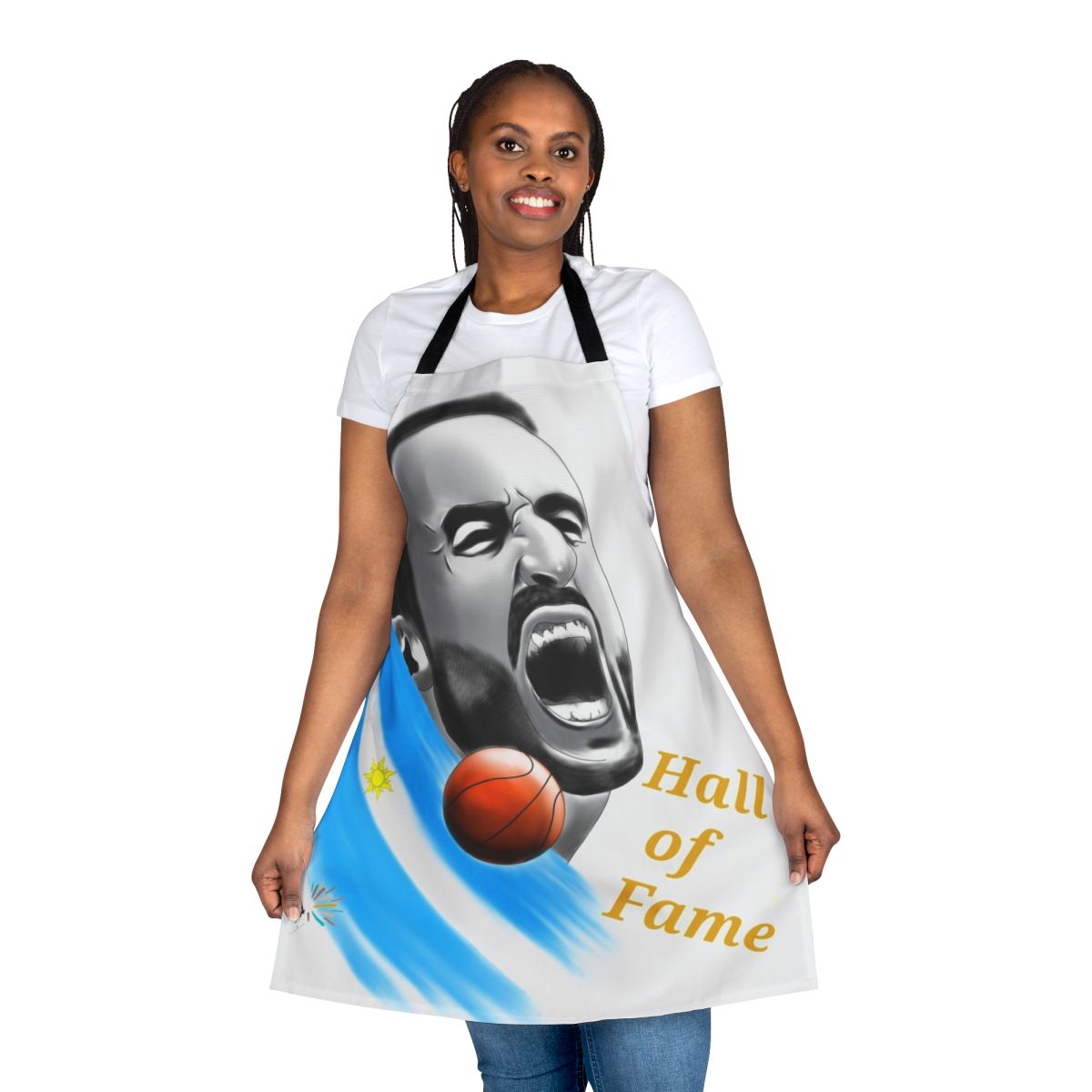 Tribute to Manu Ginobili Apron, featuring the Argentinian basketball legend's image and colors