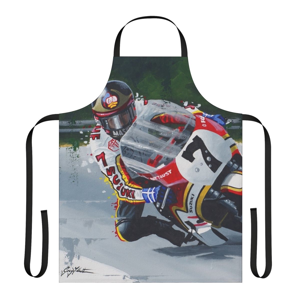 High-quality apron featuring a portrait of legendary MotoGP racer Barry Sheene