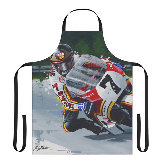 High-quality apron featuring a portrait of legendary MotoGP racer Barry Sheene