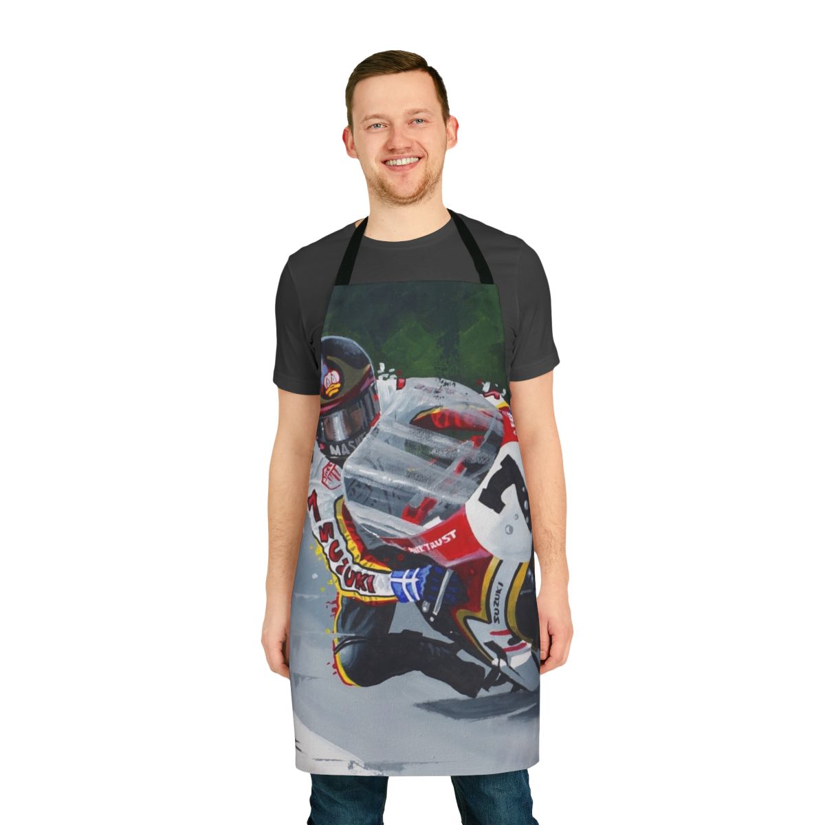 High-quality apron featuring a portrait of legendary MotoGP racer Barry Sheene