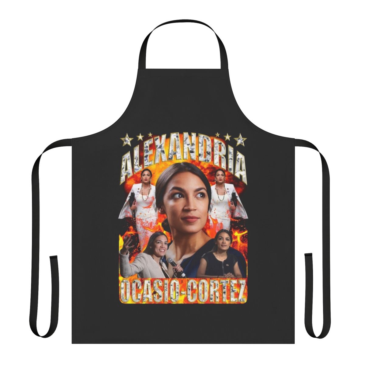An apron featuring the design and colors associated with Alexandria Ocasio-Cortez and the progressive movement.