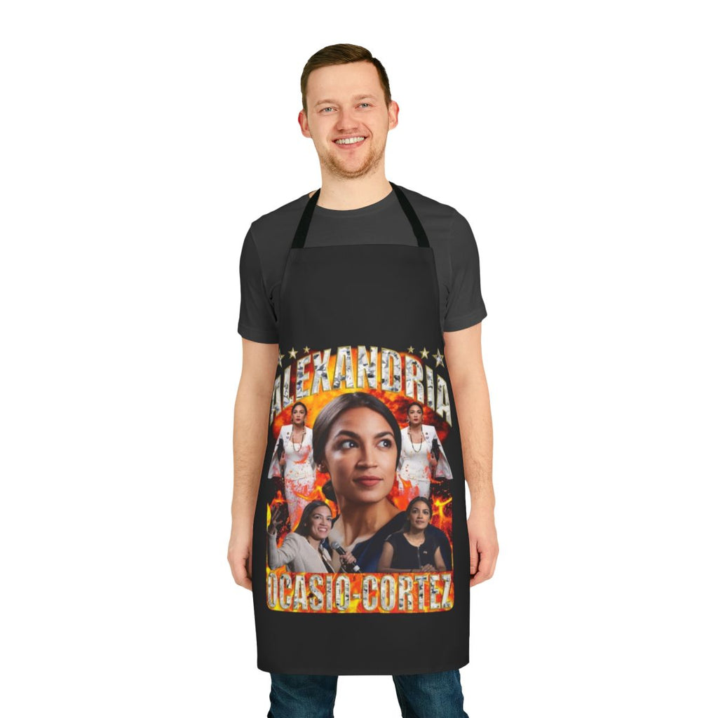 An apron featuring the design and colors associated with Alexandria Ocasio-Cortez and the progressive movement.