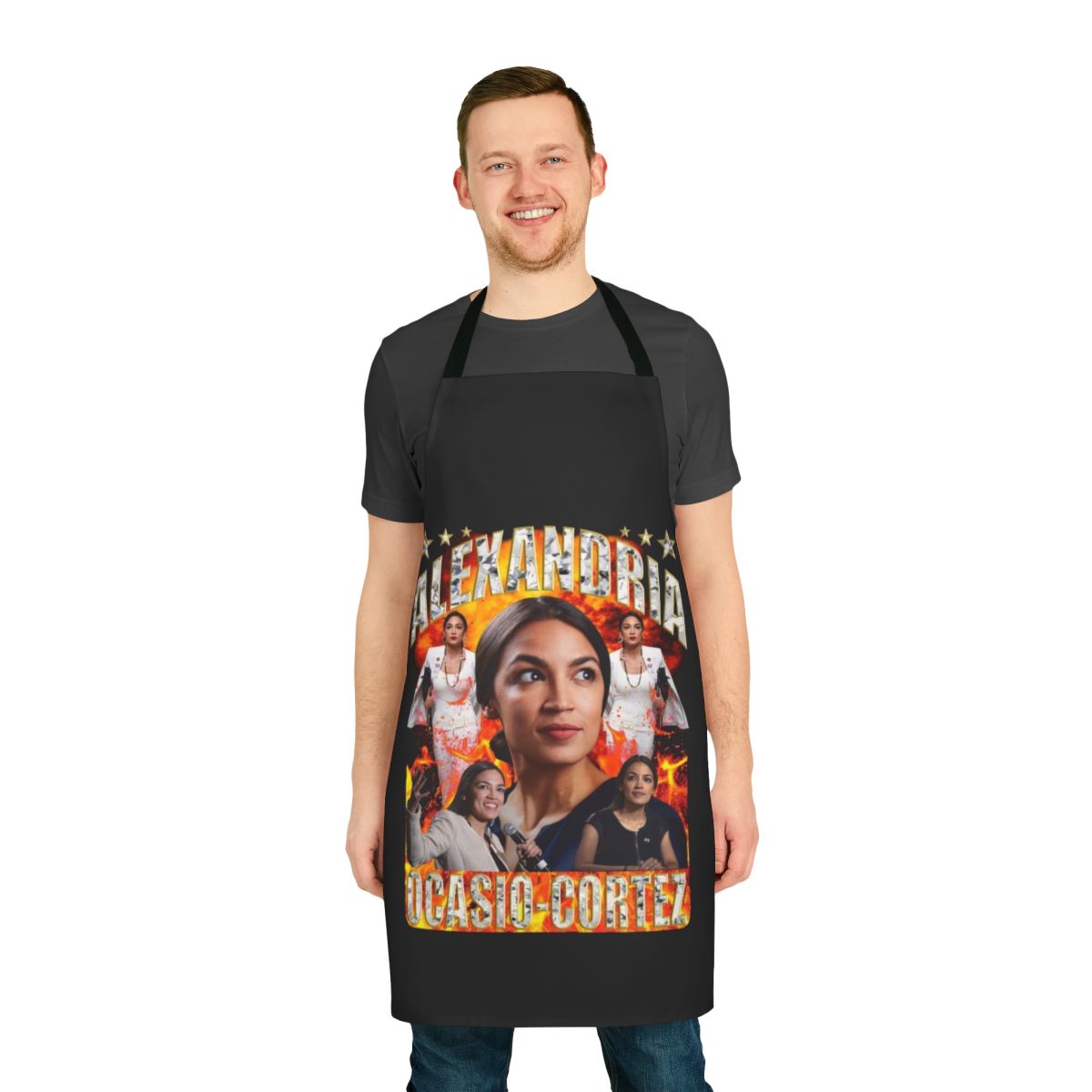 An apron featuring the design and colors associated with Alexandria Ocasio-Cortez and the progressive movement.