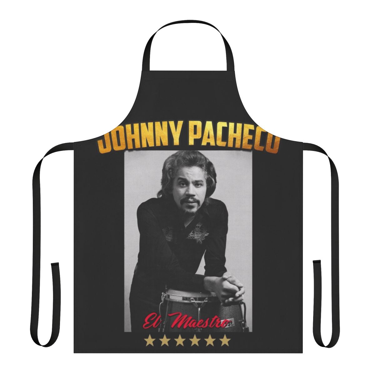 Johnny Pacheco inspired kitchen apron featuring classic salsa and Latin music icons