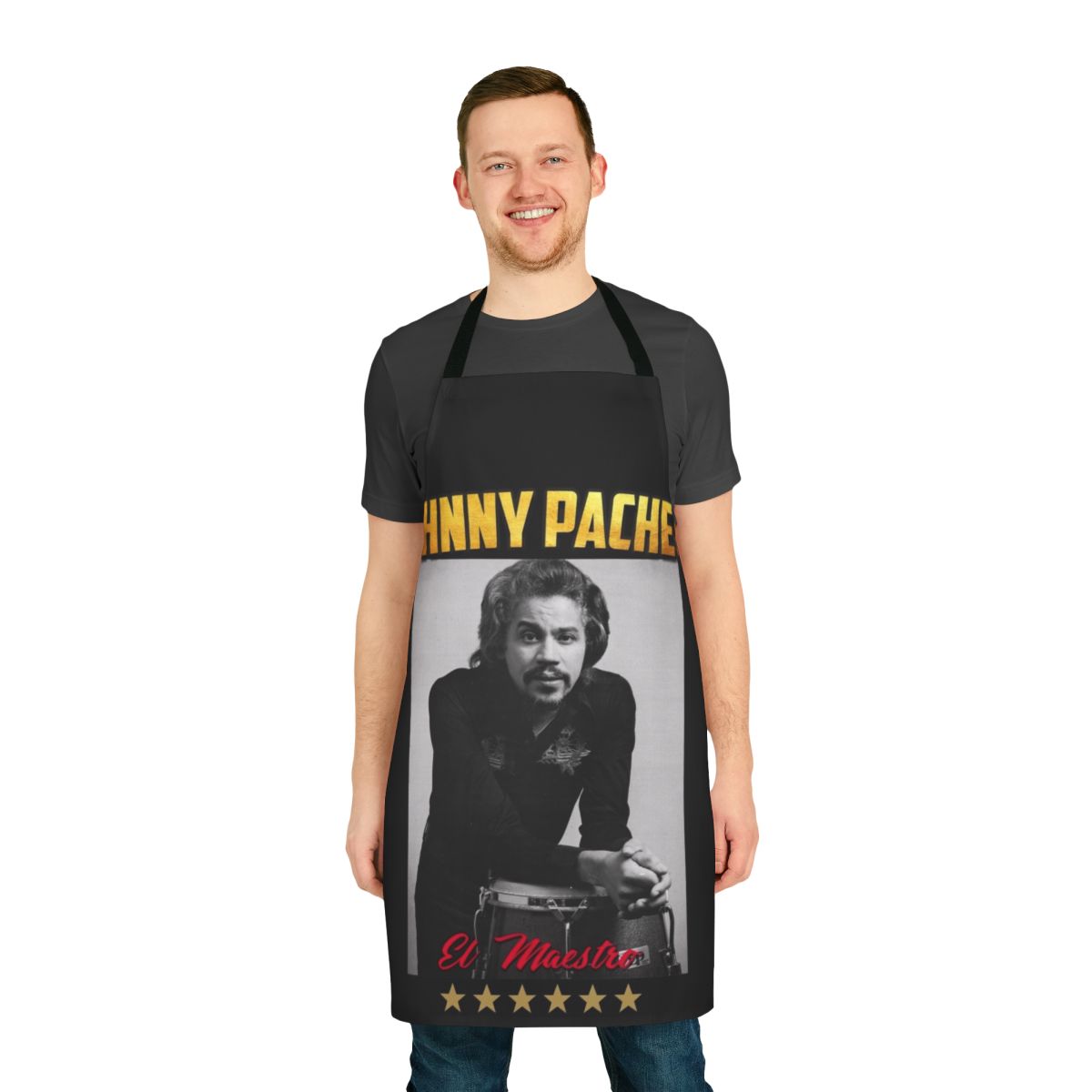 Johnny Pacheco inspired kitchen apron featuring classic salsa and Latin music icons