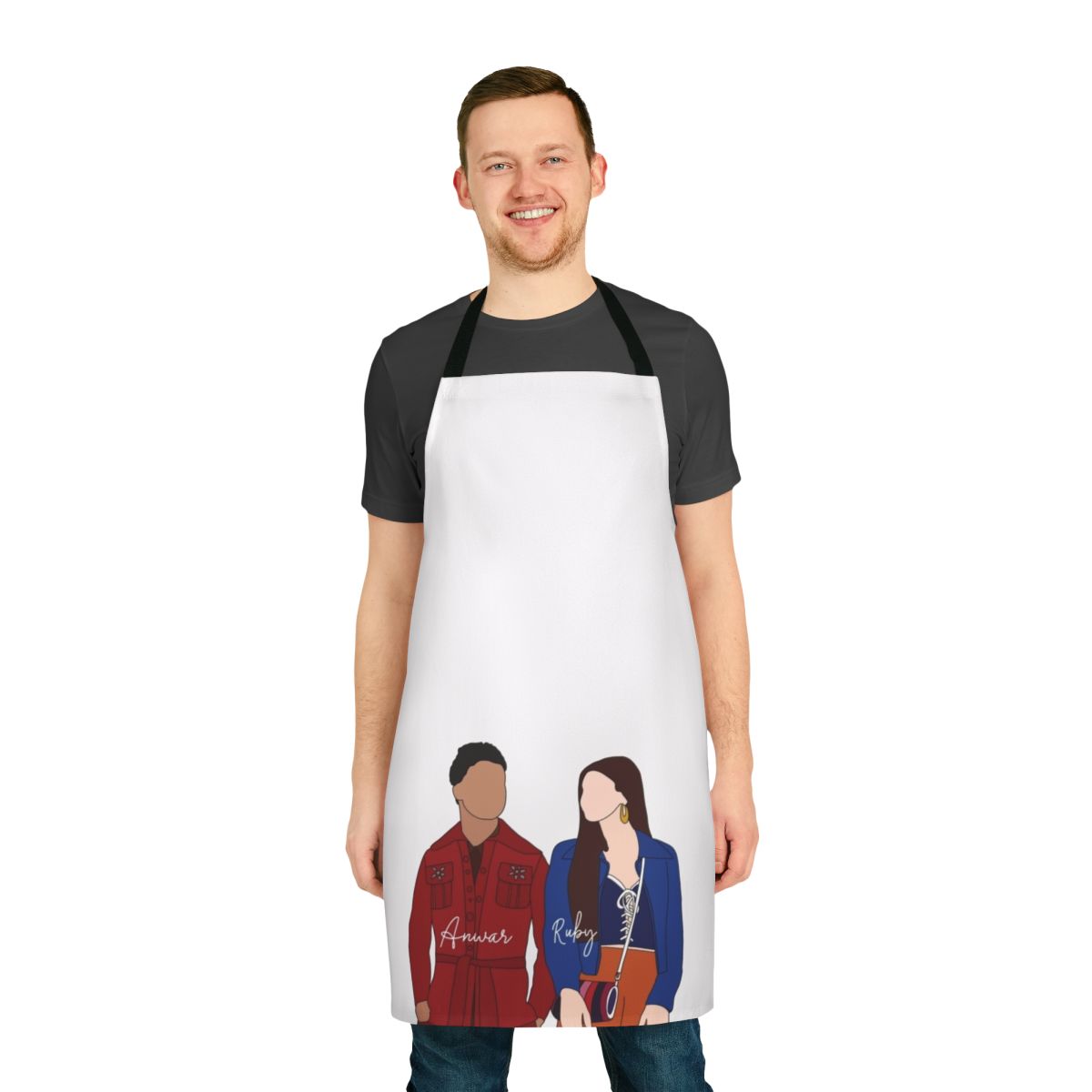 Sex Education themed apron featuring characters Ruby and Anwar