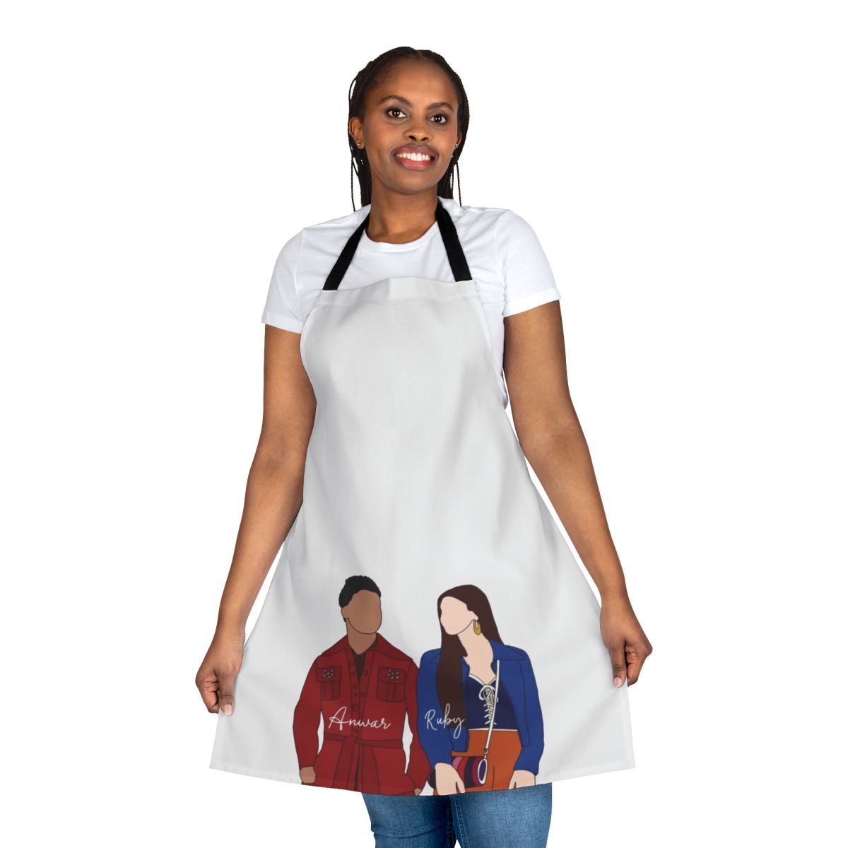 Sex Education themed apron featuring characters Ruby and Anwar