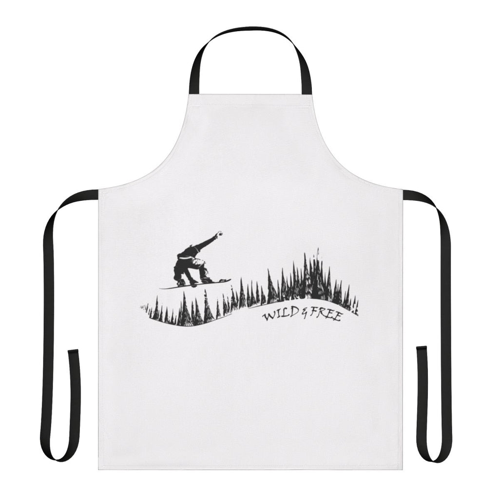 Snowboard enthusiast wearing a stylish apron featuring a snowboarding design in a winter forest setting