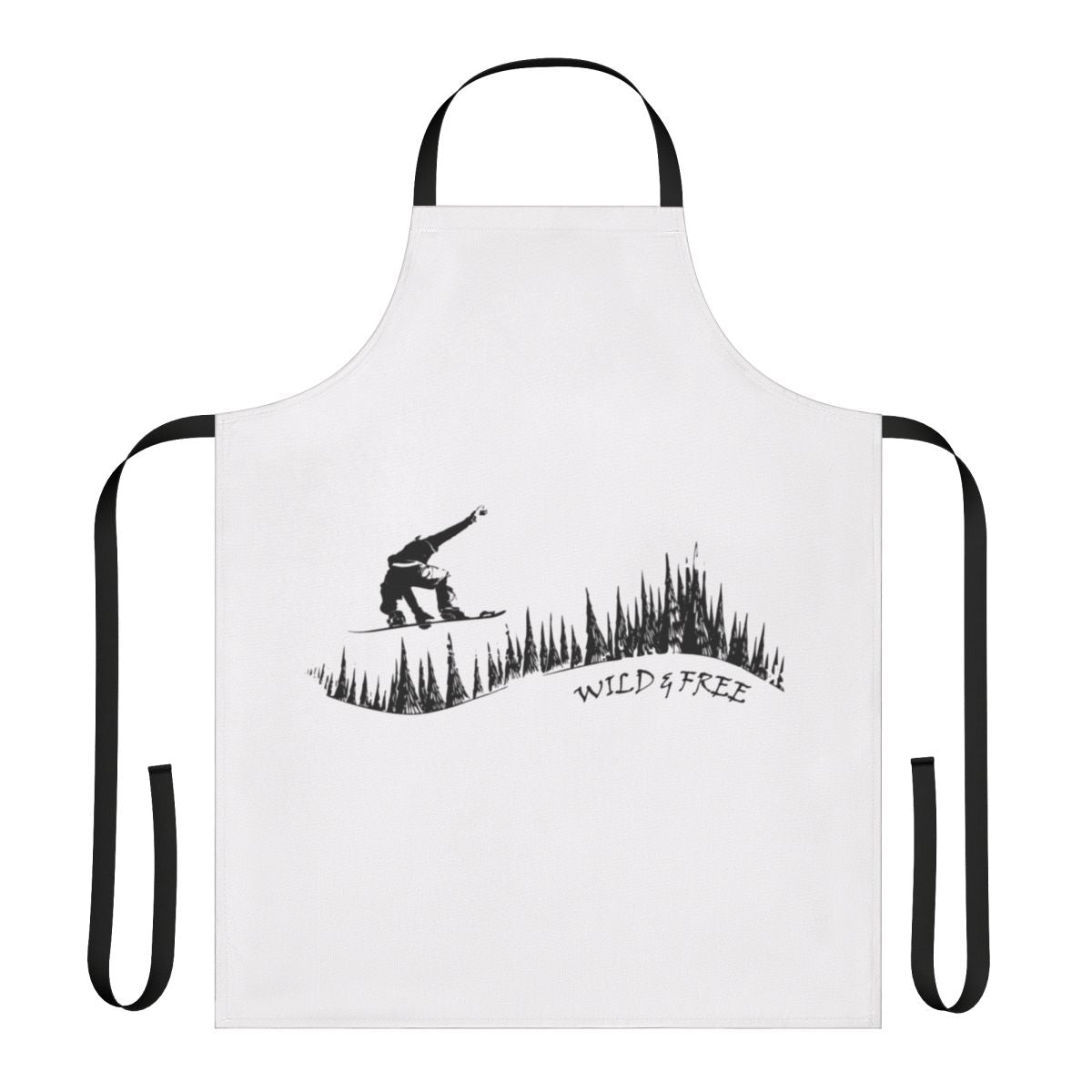 Snowboard enthusiast wearing a stylish apron featuring a snowboarding design in a winter forest setting