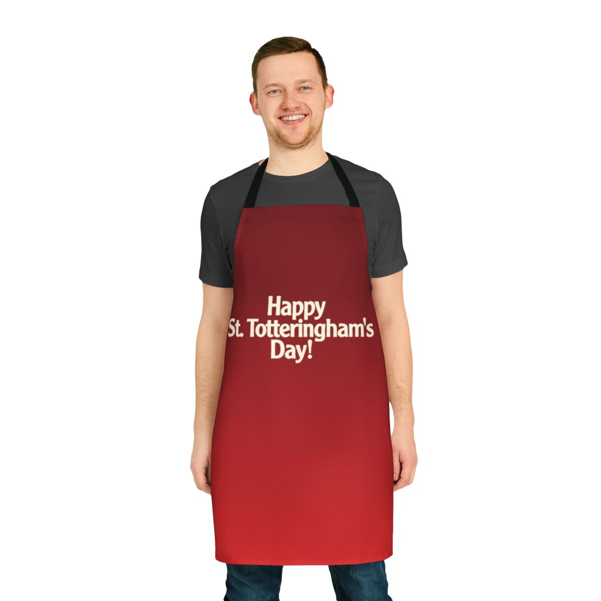 Arsenal-inspired apron with "Happy St Totteringham's Day Gooners" design