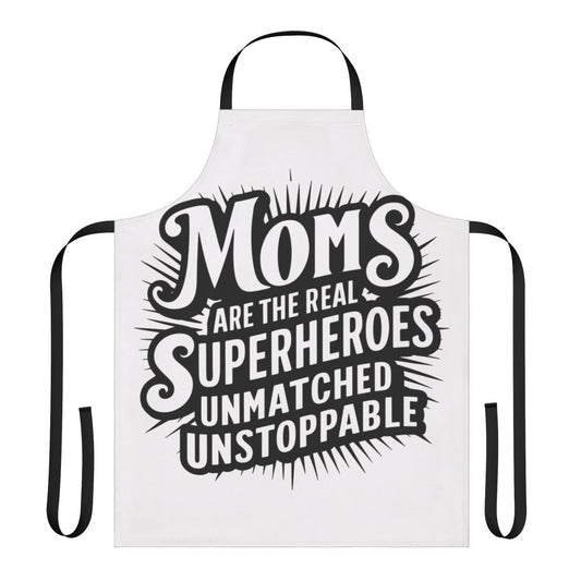 Apron with "Real Superhero Moms" text, perfect for Mother's Day.