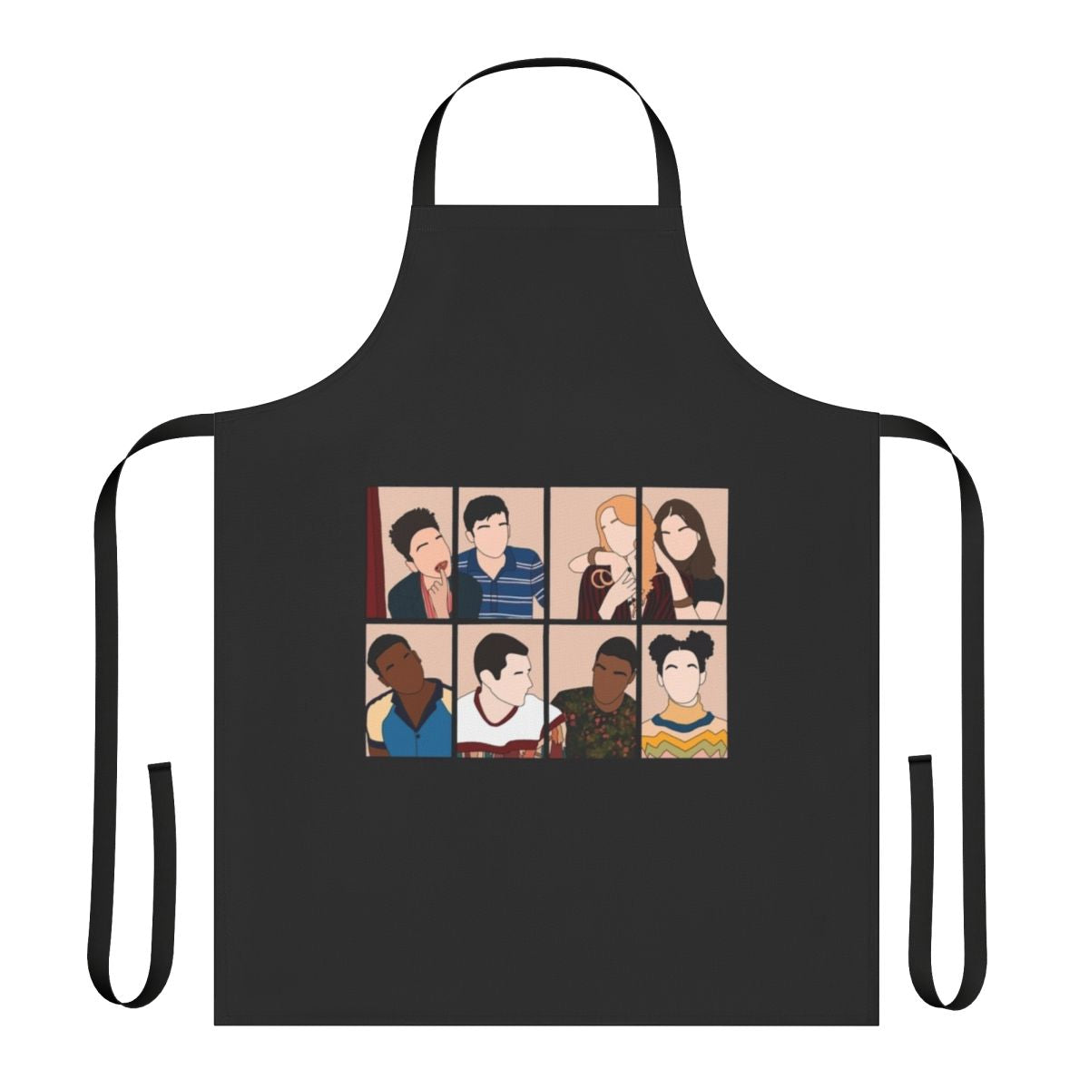 Vibrant apron featuring characters from the popular Netflix series "Sex Education"